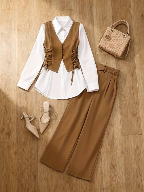 item picture 3pcs set sleeveless vest top with a fashionable design womens straight leg pants with a double layer waistband and a long length cinched waist shirt