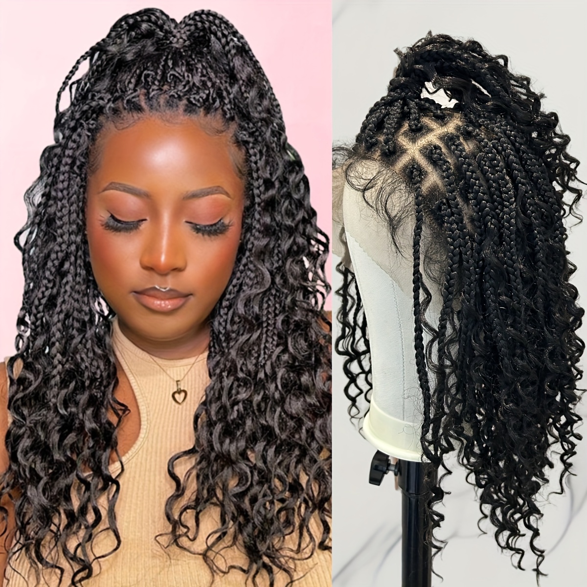 TEMU Full Lace High-temperature Braided Wig With Curly Ends, Knotless Cornrow Design, Black Synthetic Hair For Everyday & Party Styles, Density, Deep , Suitable For All