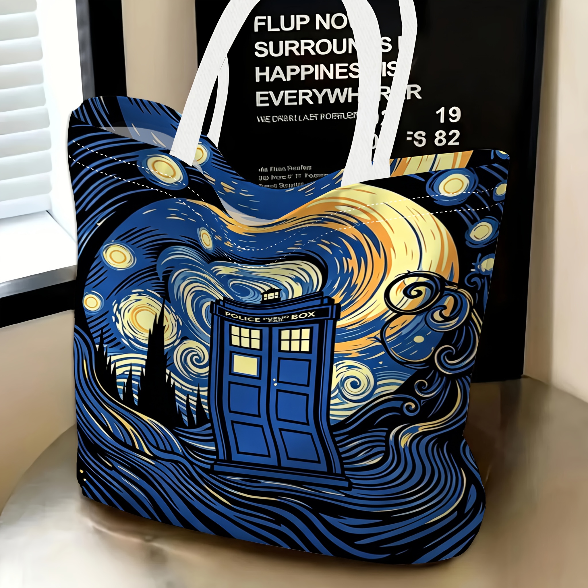 TEMU 1pc, Women's Handbag, 2d Flat Starry Night Art Theme Printed Shoulder Bag, Exquisite Women's Handbag, Reusable, Fine , Very Suitable For