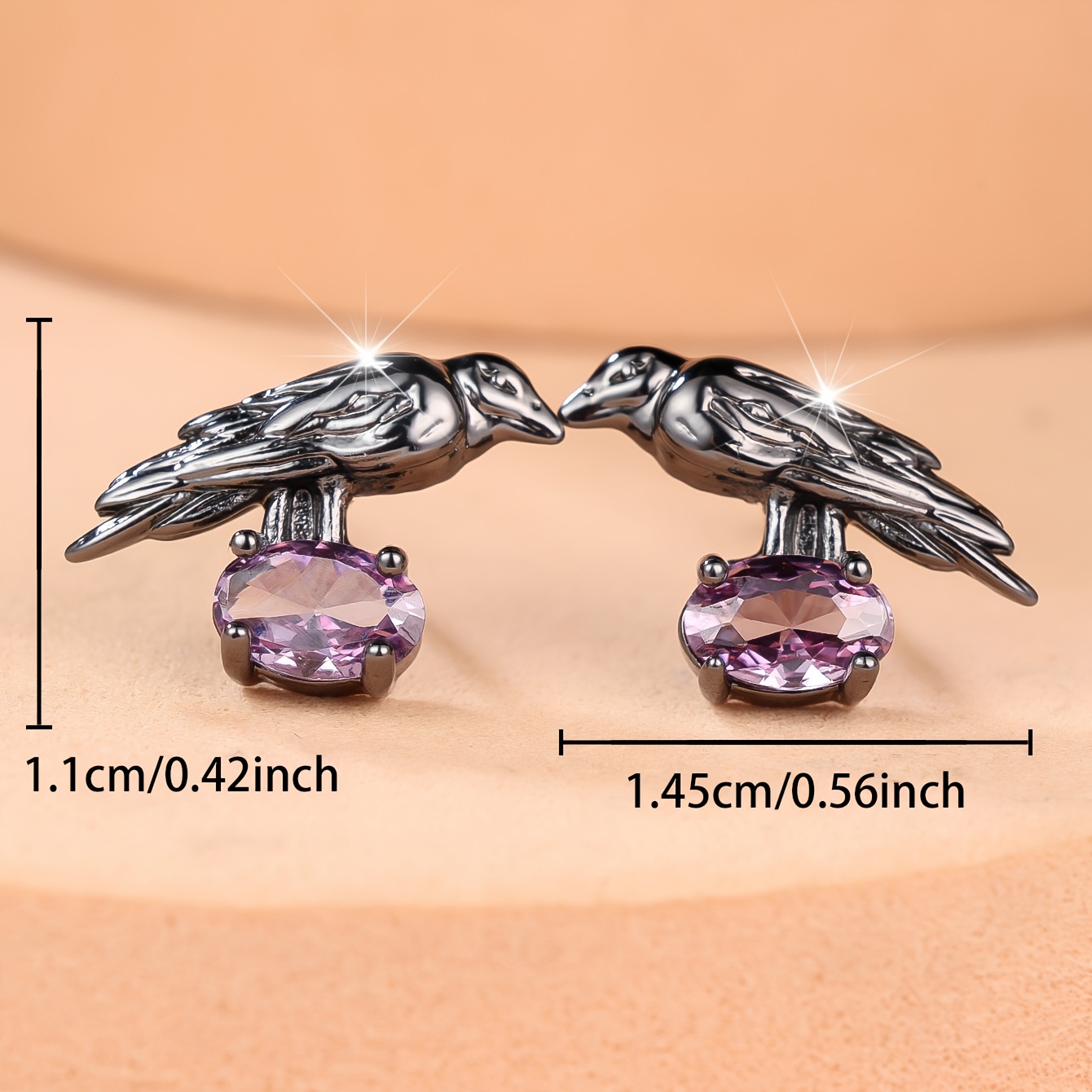 Women's Gothic Pave Amethyst Cubic Zirconia Crow Earrings, Statement Jewelry