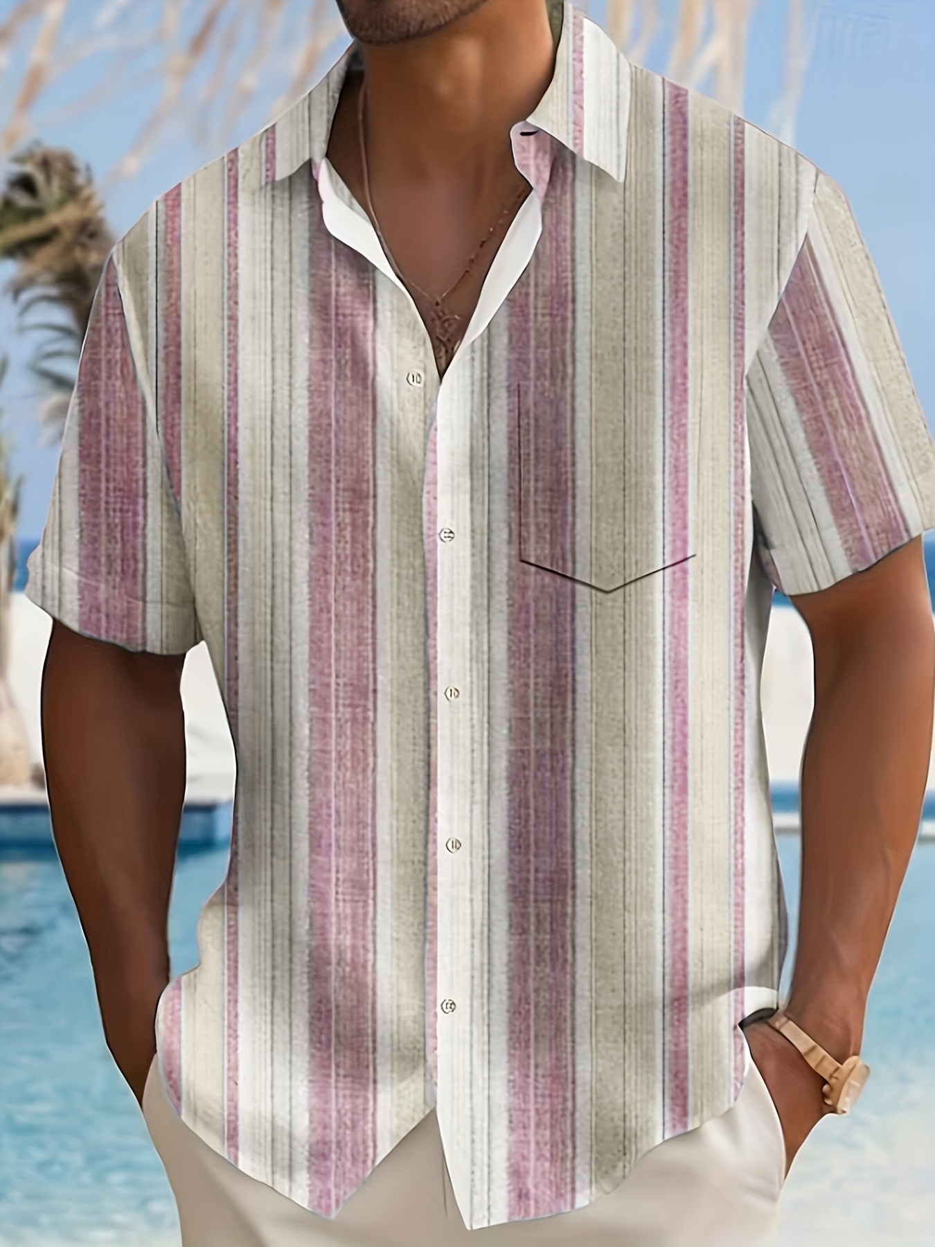 Men'S Casual Striped Short Sleeve Button-Up Shirt - Light Blue & White Vertical Stripes, Collar, Regular Fit Summer Casual Wear, Short Sleeve Button Blouses, PLUS SIZE