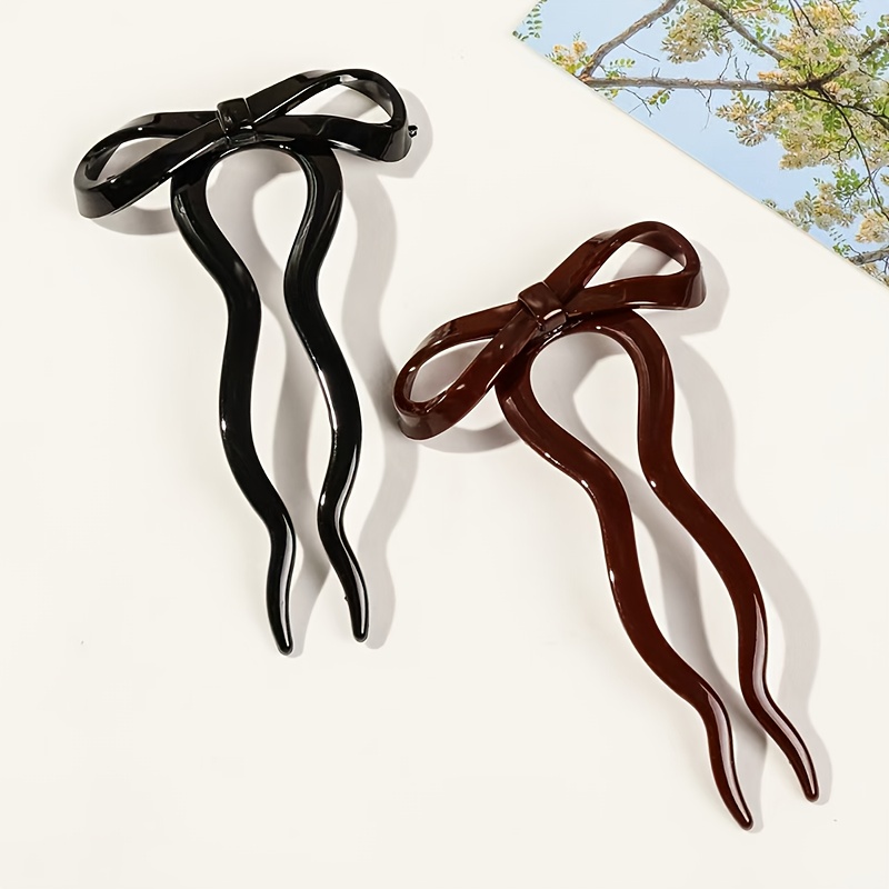 Image of 2pcs Vintage French Hair Pin, U-shaped Hair Clip Hair Twist Fork, Suitable For Women With Brown And Black Large Bows, Long Leg Hair Stick, Hair Additions For Medium Length Hair