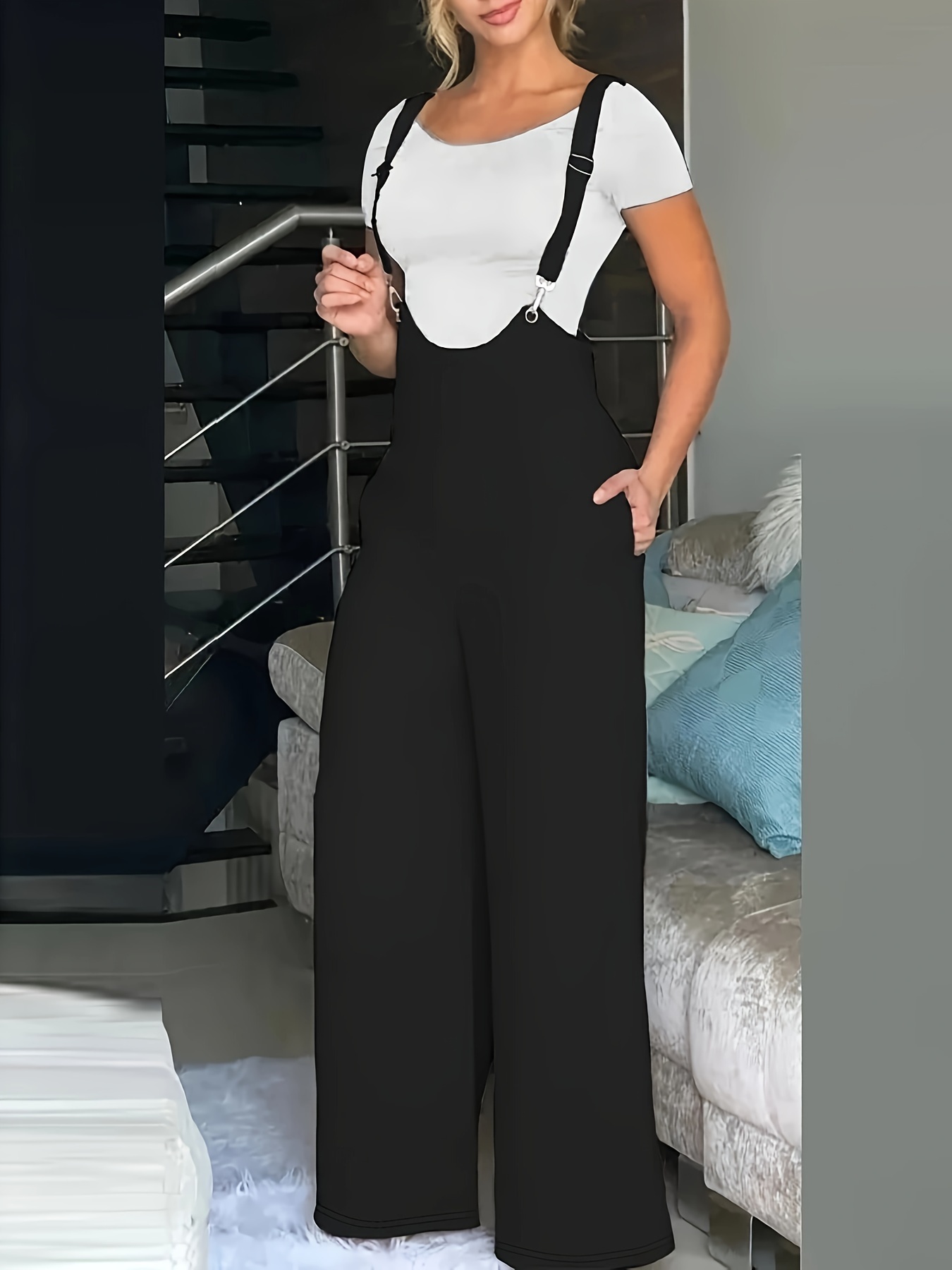Plus Size Solid Wide Leg Overall Jumpsuit, Casual Sleeveless * Overall Jumpsuit, Women&#39;s Plus Size Clothing