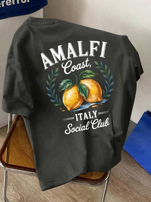mens round neck short sleeve t shirt featuring amalfi italian lemon print vacation casual wear comfortable soft breathable and a summer essential