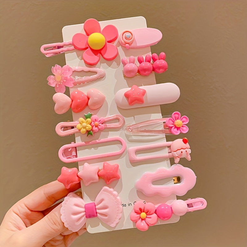 

14pcs Cute Pink Hair Clip Set For Girls - & Flower Designs, Non-slip Resin Barrettes, & Gifts