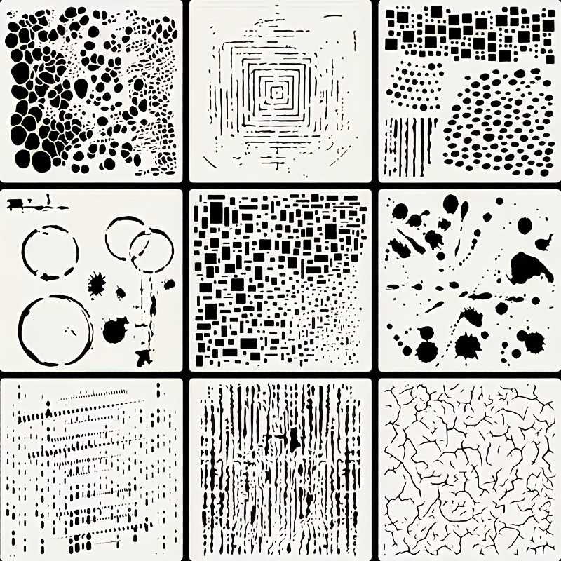 TEMU Set di 9 pezzi di stencil per pittura con texture quadrata astratta e vuota, crepe naturali, linee verticali, macchie d', motivi geometrici,