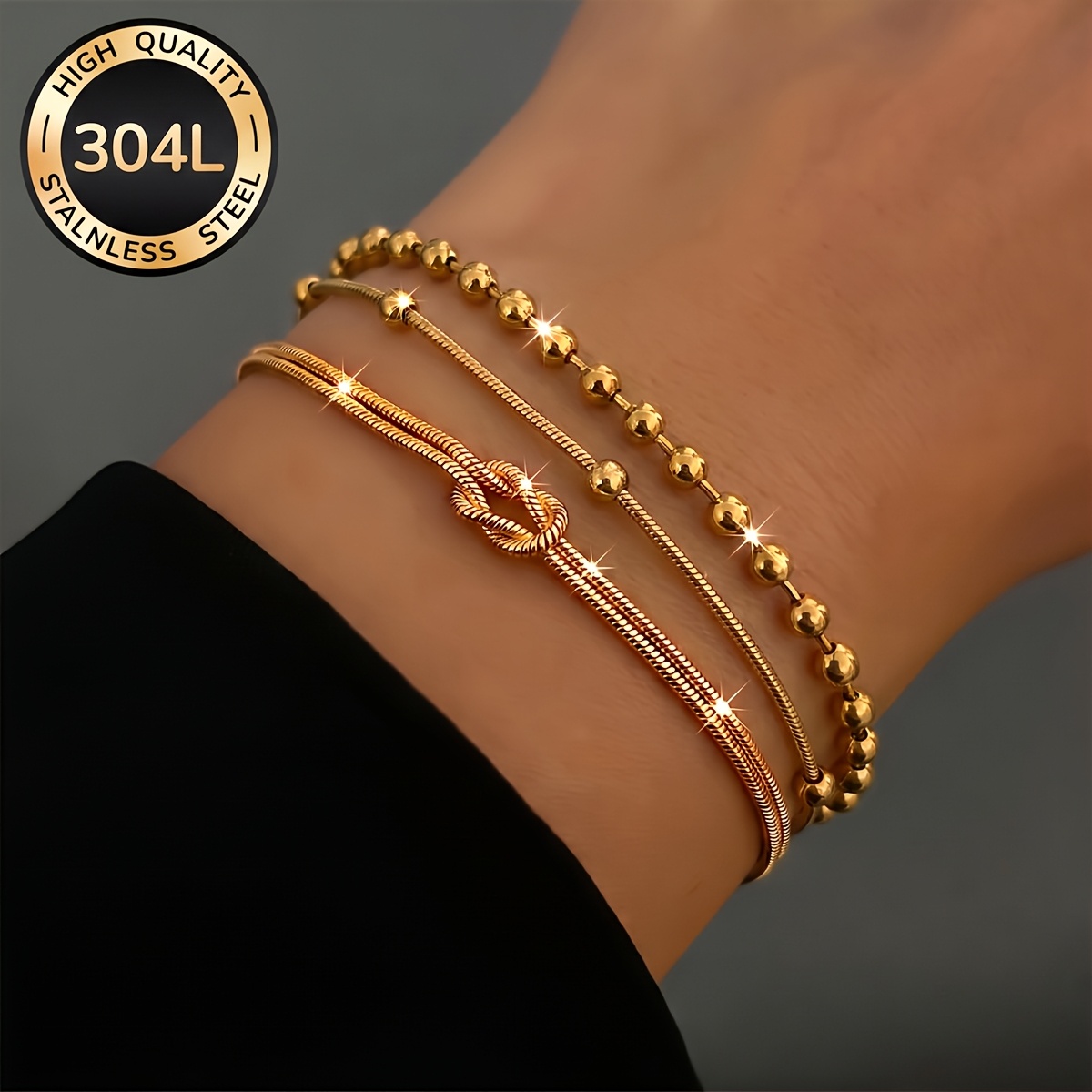 TEMU 3pcs 304l Stainless Steel 18k Gold-plated Women's Bracelet Set, Exquisite Stainless Steel Jewelry Set For Women, With Stylish And Elegant Design