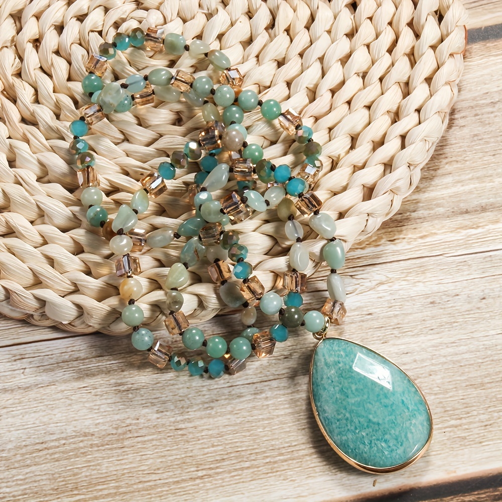 Boho Water Drop Pendant Necklace Colorful Natural Stone Beads Long