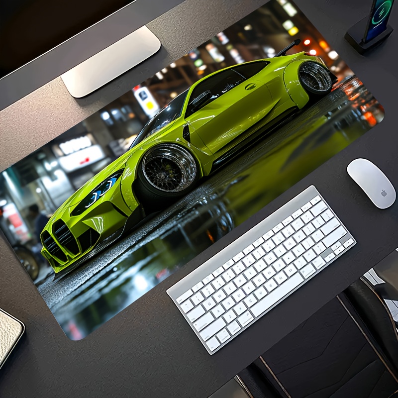 1pc Large Gaming Mouse Pad - Fluorescent Green Racing Car Design, Non-Slip Washable Rubber Base, Durable Desk Mat for PC & Office, Stylish Computer Accessory, Ideal Gift for Gamers & Professionals, Mouse Pads for Desk, Mouse Pad, Gaming, Desk Mat
