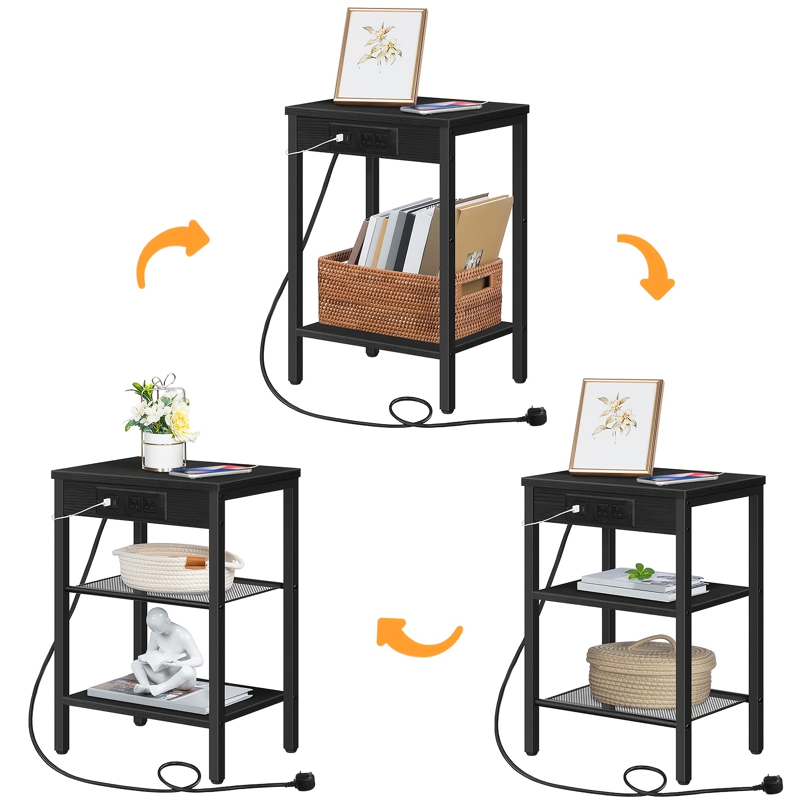Brown Side Table with Charging Station and Adjustable Shelf