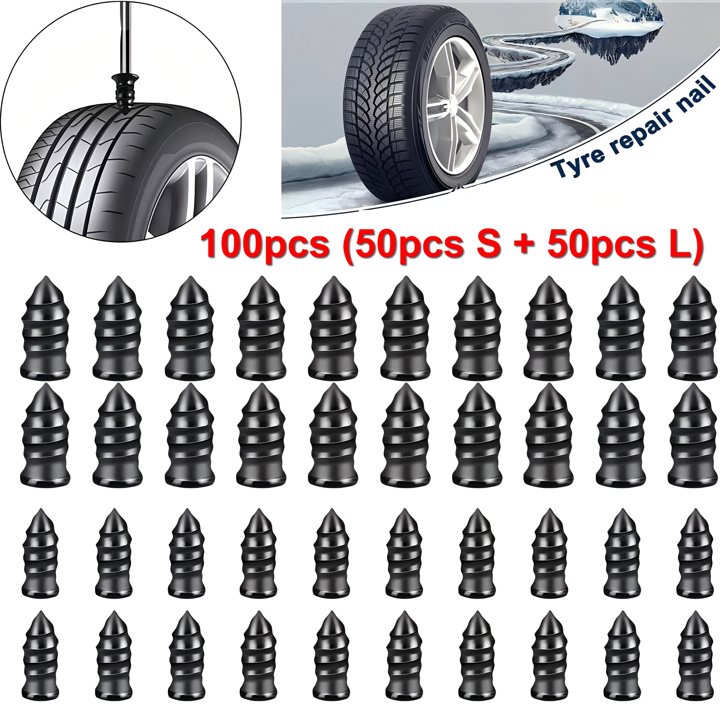 TEMU 100pcs (50pcs S + 50pcs L) Separately Packaged Vacuum Tire Kit With Spiral Rubber Nails For Automobiles And Motorcycles