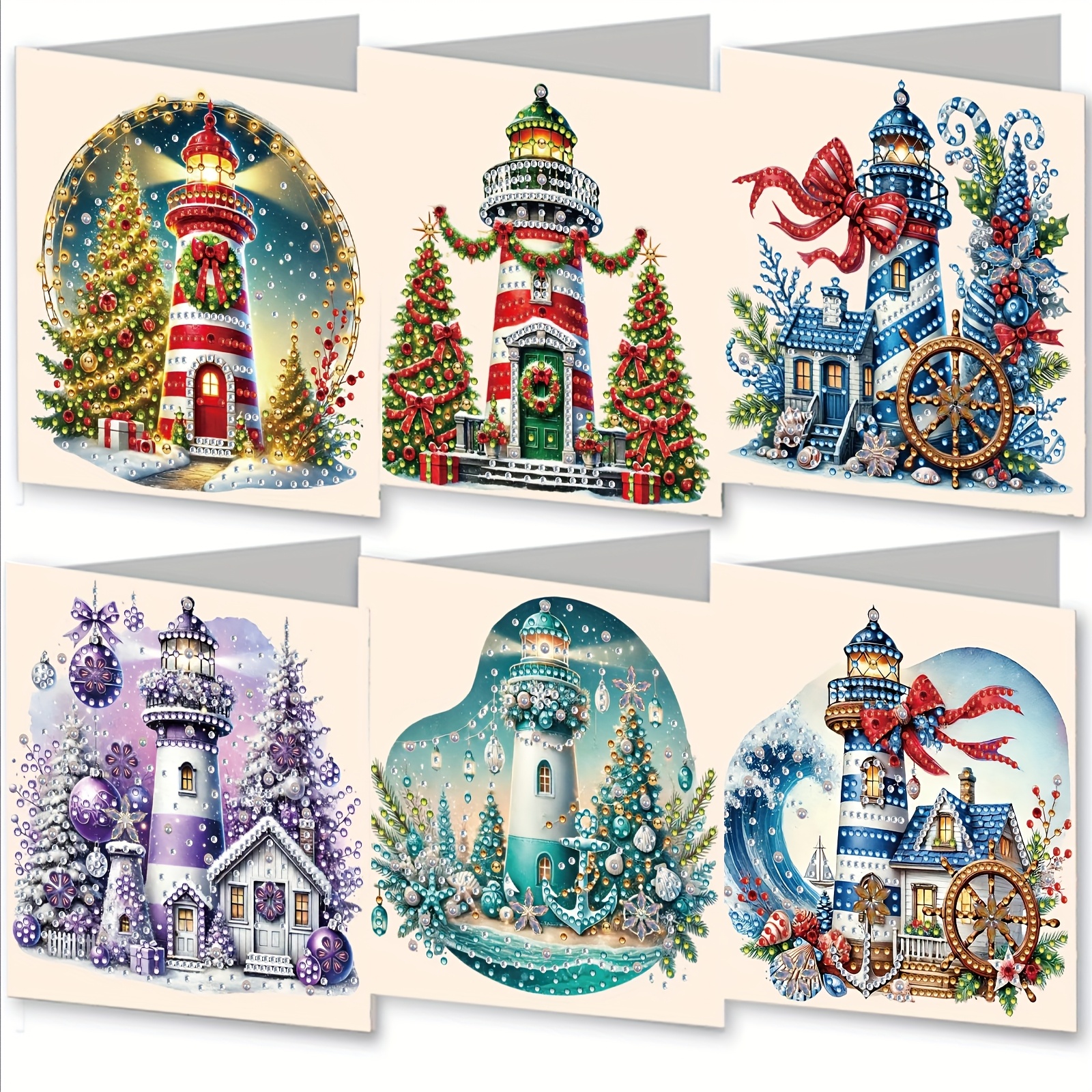 TEMU 6 stuks Schilderij Kerstkaarten Set met Vuurtoren IJs & Sneeuwtaferelen - Handgemaakte Winter Vakantie Wenskaarten met Ronde Diamanten Kralen,