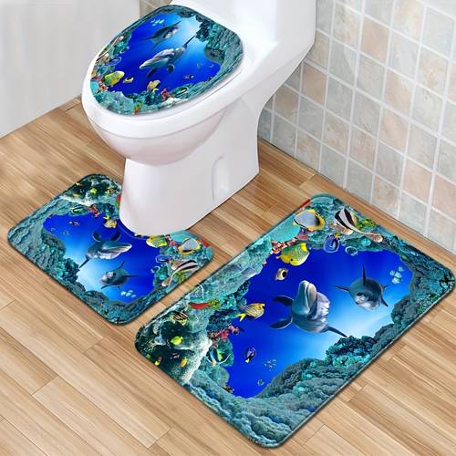 jit3pcs carpet set flat ocean theme plush mats for shower bathtub and toilet with non slip backing soft absorbent and machine washable