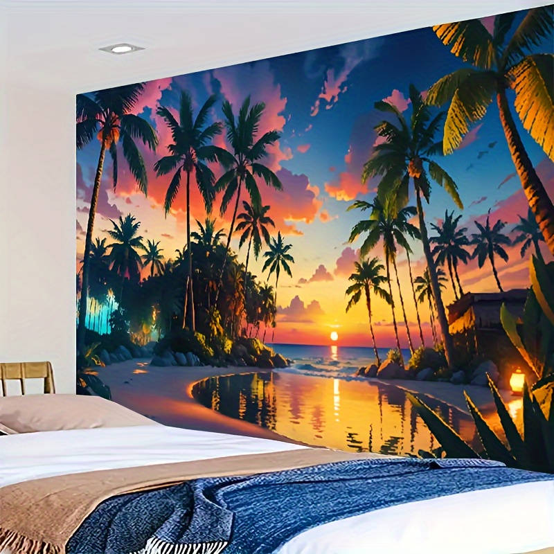 

1pc Ocean Beach Coconut Tree Tapestry, Polyester Blacklight Tapestry, Wall Hanging For Living Room Bedroom Office, Home Decor Room Decor Party Decor, With Free Installation Package