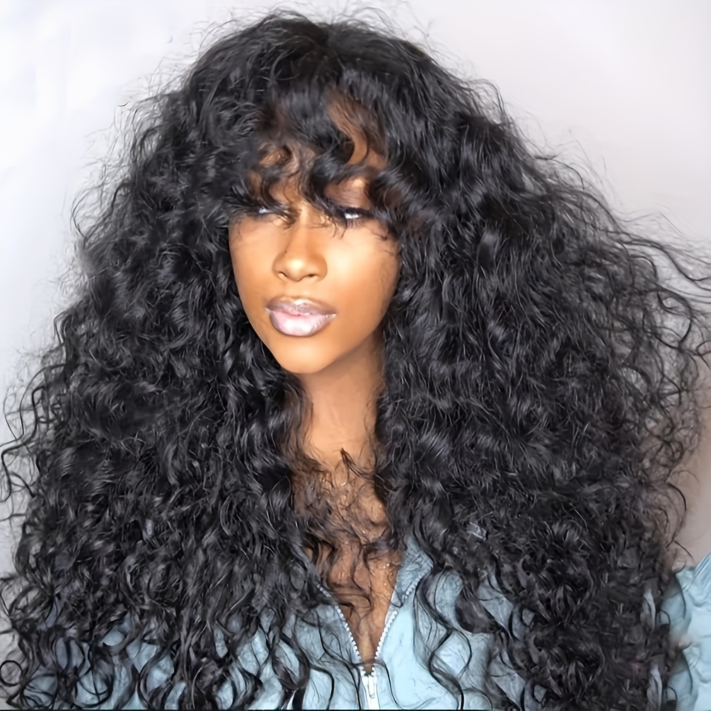 

Water Wave Human Hair Wig With Bangs Glueless Wigs 150% Density Human Hair Water Curly Bangs Wig For African Women 14-24 Inch 100% Brazilian Virgin Human Hair