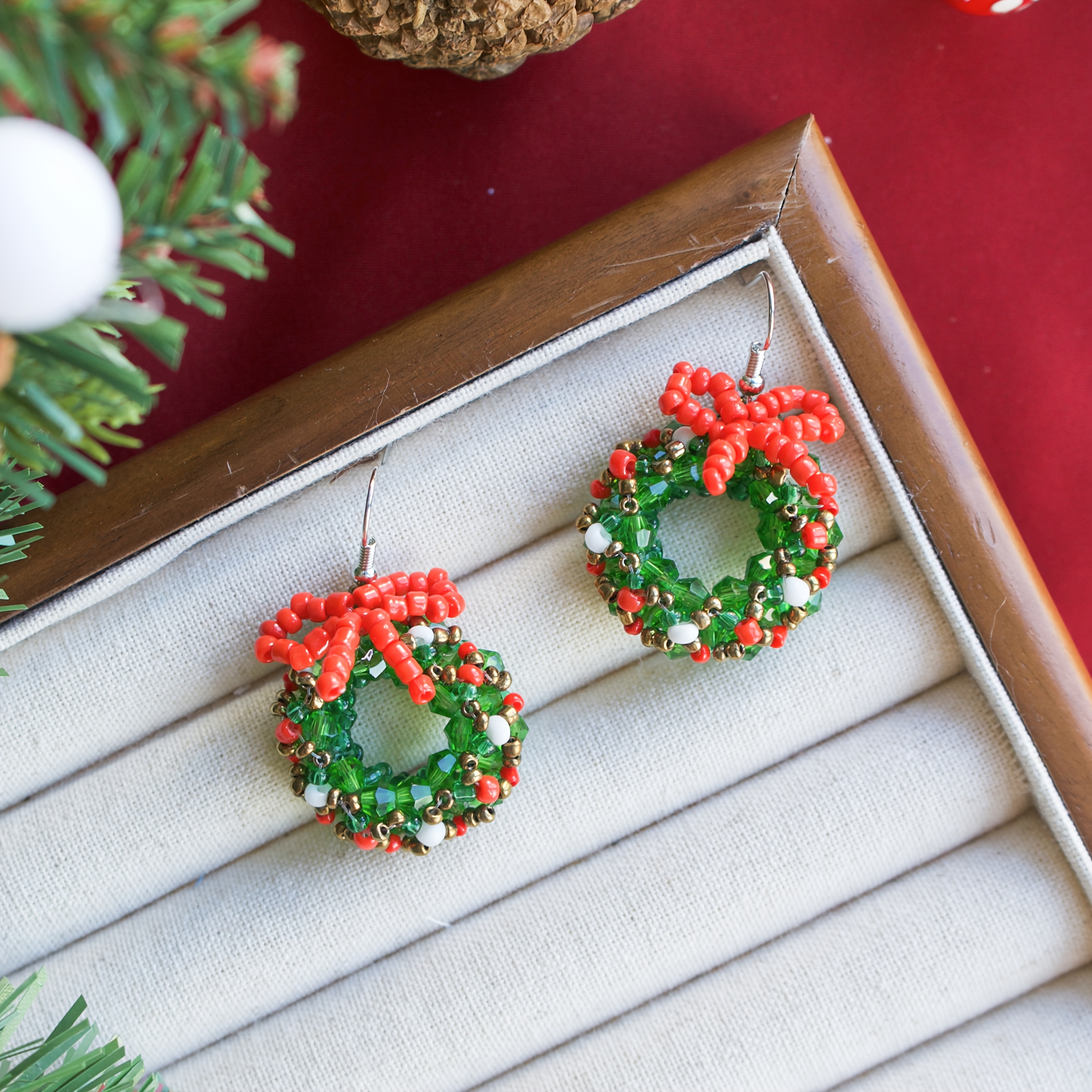 Women's Bohemian Red & Green Beaded Drop Earrings