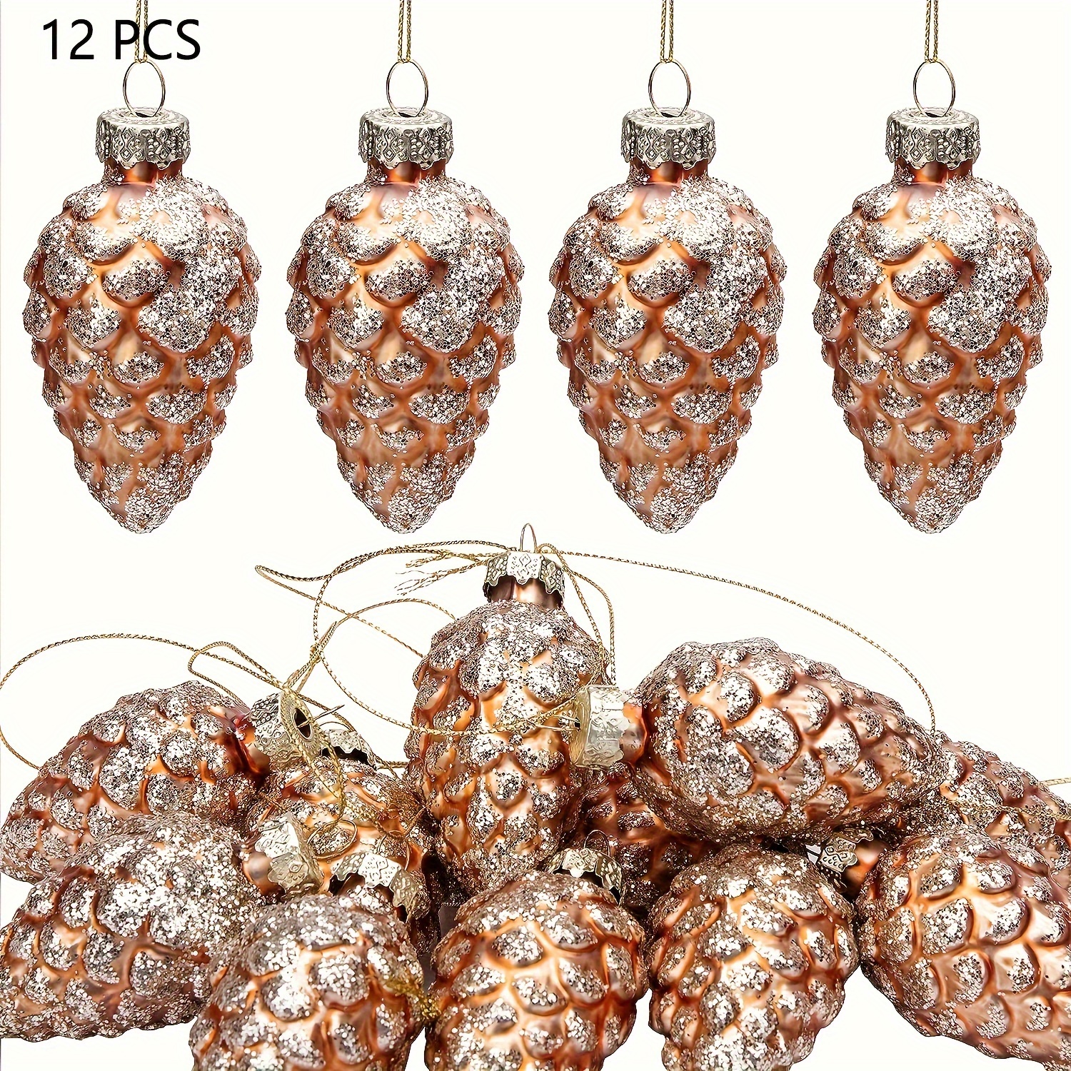 6/12pcs Christmas Painted Glass Ornaments - Glitter Pine Cone Decor For Xmas Tree And Fall Crafts