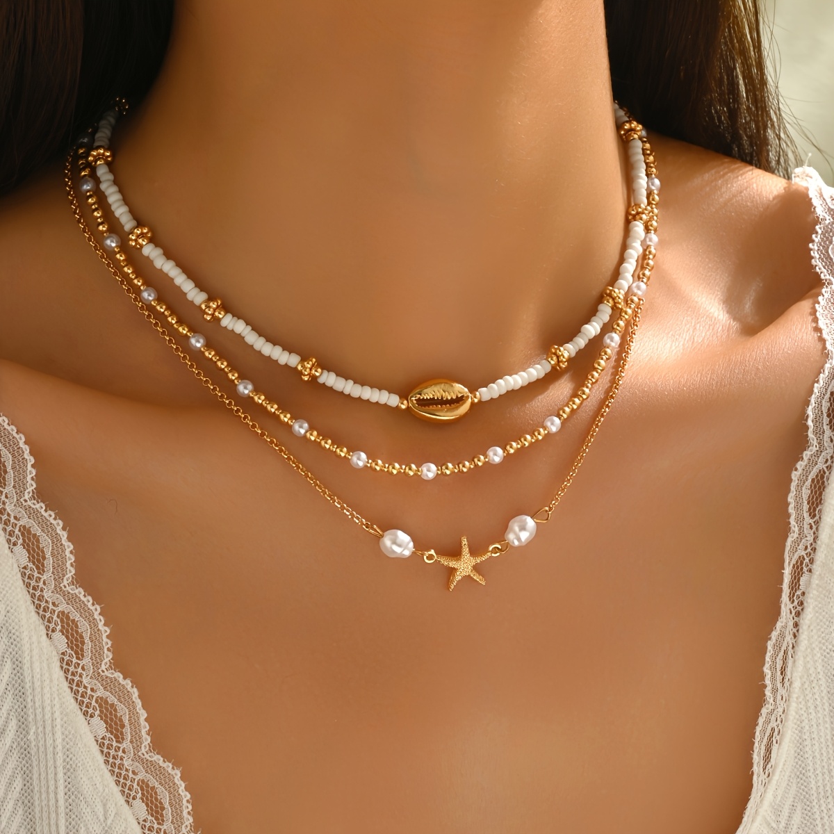 3pcs Women's Choker Necklace Set, Shell & Starfish Pendants
