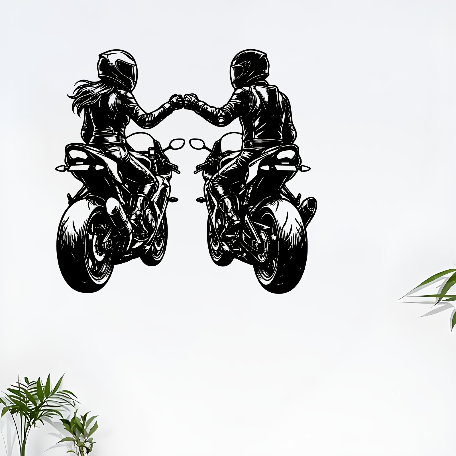 TEMU 1pc Art Mural en Métal Couple Moto, Statue Murale Dynamique Couple Moto, Cadeau Idéal pour la Saint-Valentin, Anniversaire, Décor Moto