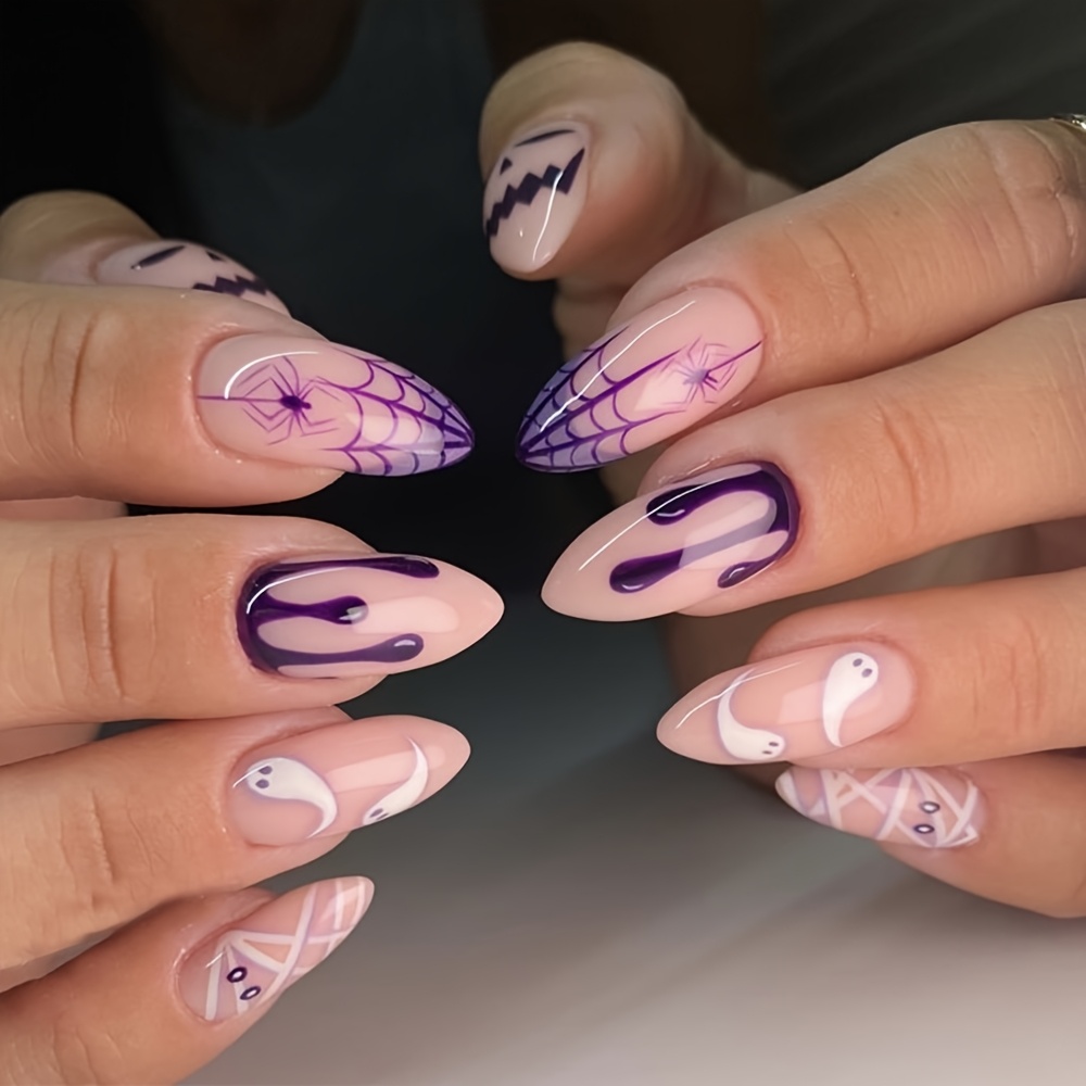 TEMU 24pcs Almond-shaped Press-on Nails - Halloween Series Fake Nails - Designs Include Hand-painted Cobwebs With , Little White , Gradient Purple