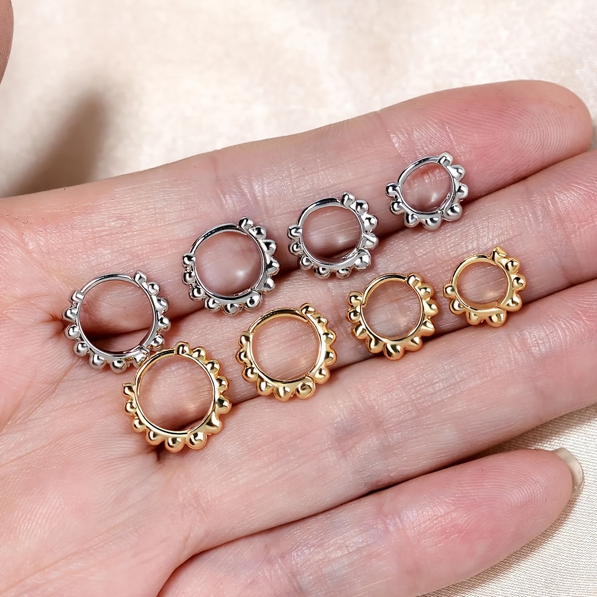 2pcs Tiny Beaded Hoop Earrings for Women, Golden/Silvery Color