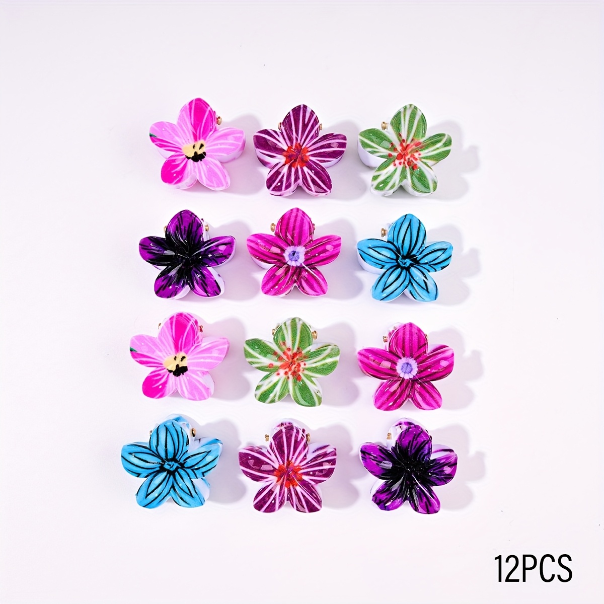 Image of 12pcs/24pcs Color Random Delivery Ladies Hairpin Printed Craft Plumeria Flower Shape Small Hair Claw Suitable For Side Clip Broken Hair Clip Hair Styling Plastic Hair Additions