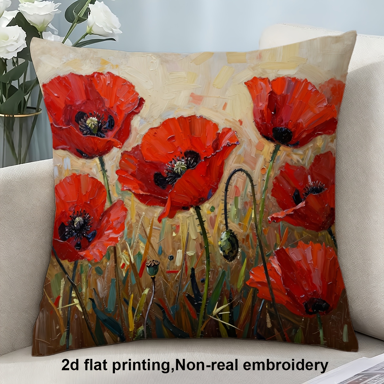 TEMU 2d Flat Printing, 1pc, Vibrant Red Poppies In A Textured Field, Pillow Cover, Double-sided Printing, Polyester, Very Suitable For Decorating