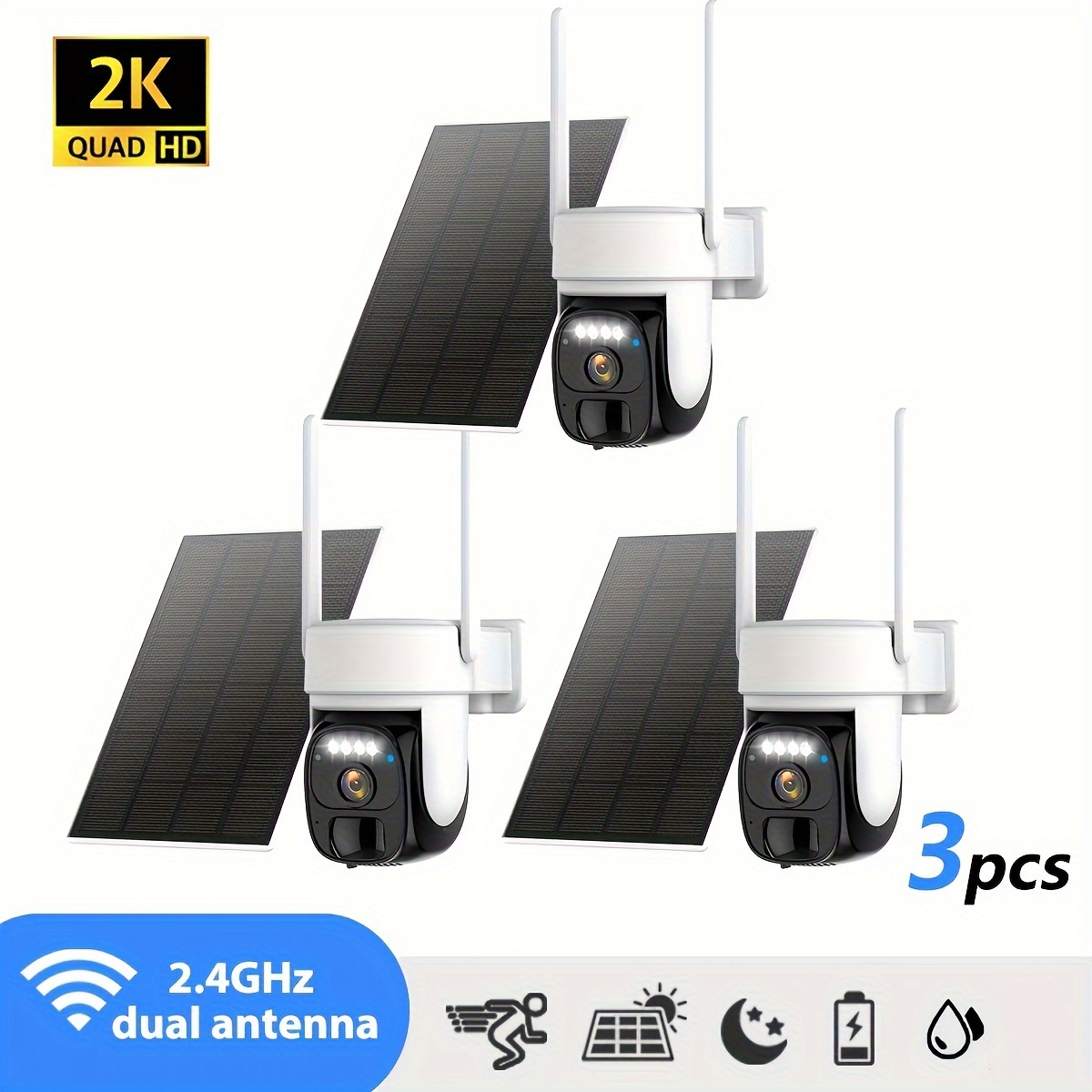 

3pcs Wireless Outdoor Solar Security Camera, 2k 360° Tilt Low Power Wifi Security Camera, Cctv 2.4gwifi, Ptz With Detection, Color Night Vision, Audio, Storage, Application