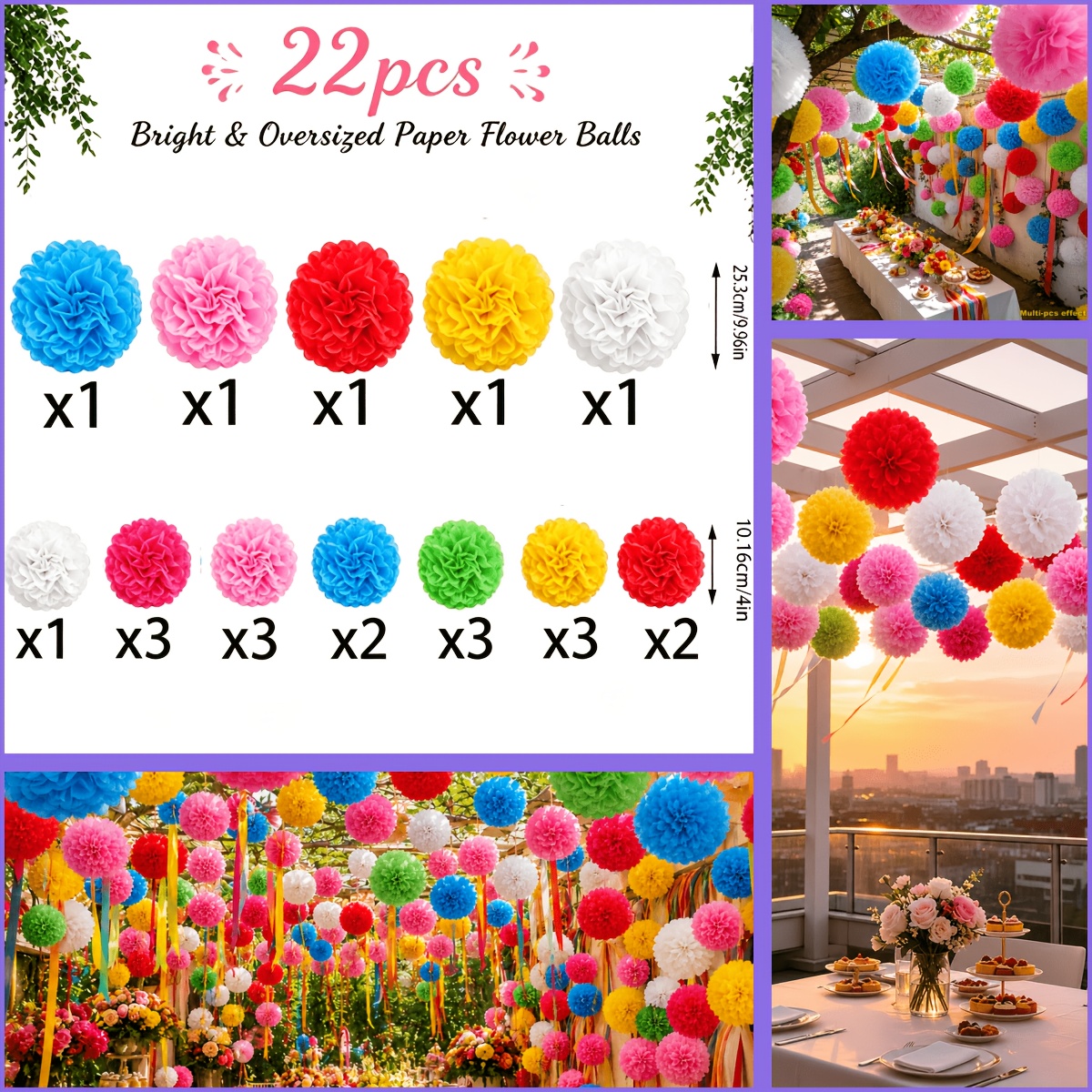 TEMU 22pcs Set Of Extra-large Paper Pom-pom Hanging Decorations, Including 7 Assorted Mixed Colors. Suitable For Wedding Supplies, Ceiling