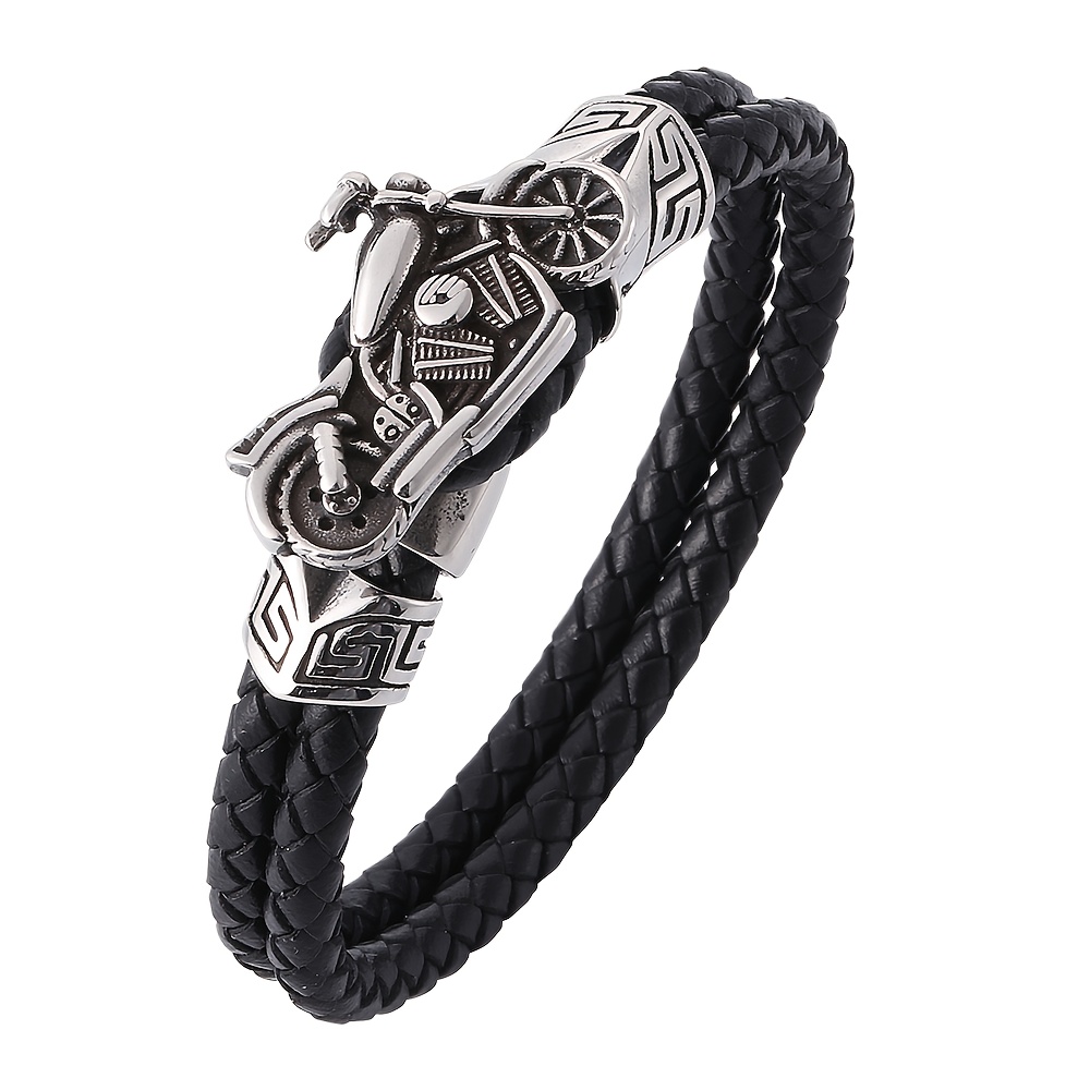 TEMU Fashionable And Trendy Classic Stainless Steel Motorcycle Double-layer Black Cord Men's Bracelet, Niche Men's Wristband Accessory