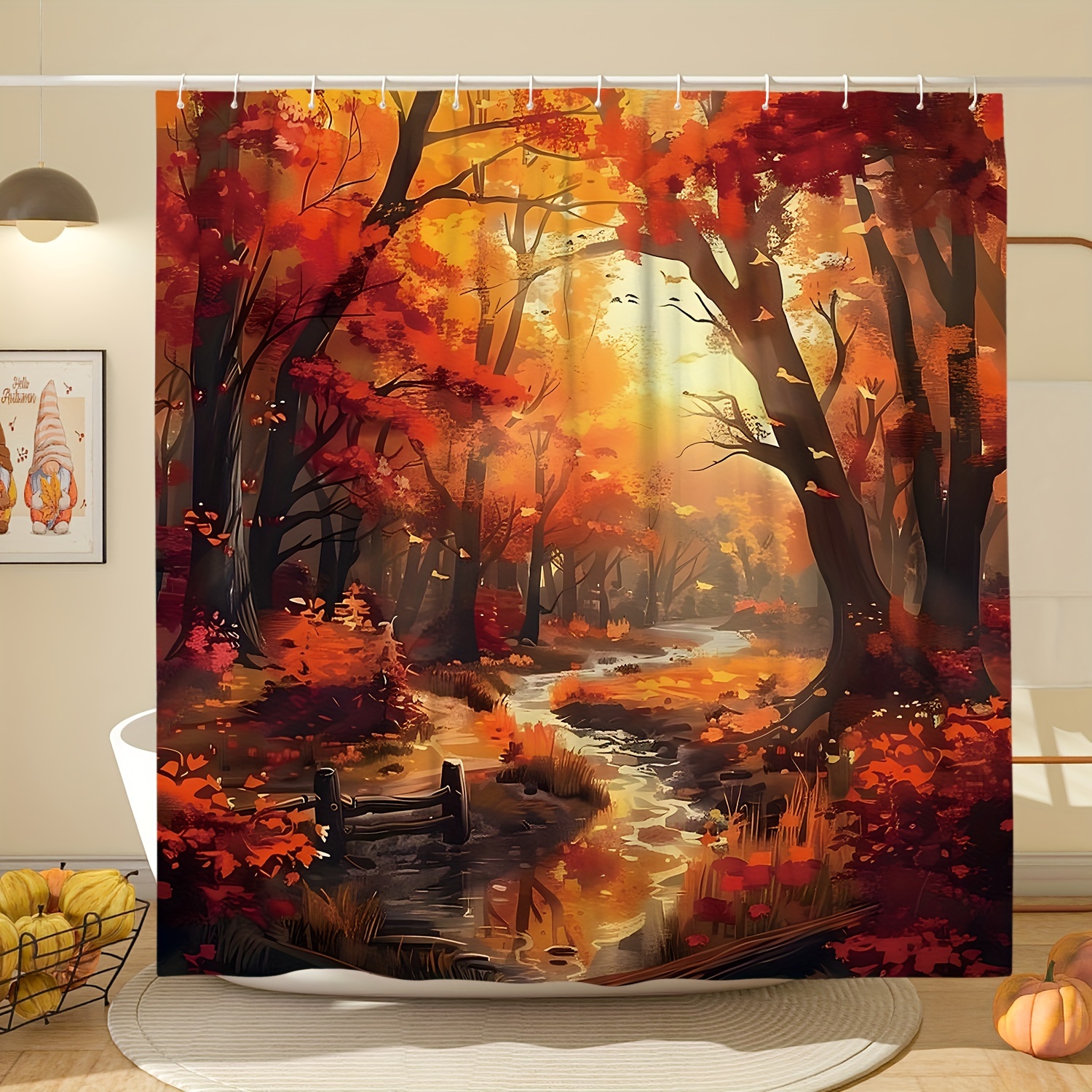 

Water-resistant Fall Forest Shower Curtain With Maple Trees And River Design, Polyester Woven Fabric, Machine Washable, Includes 12 Hooks, Unlined, Autumn-themed Bathroom Decor, 71x71 Inches