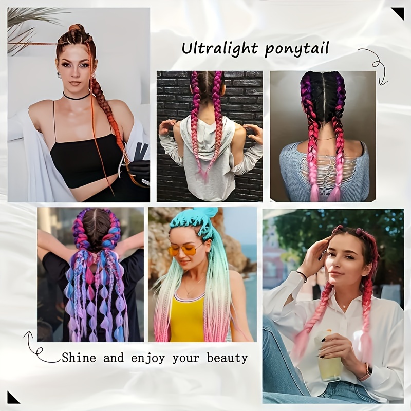 24inch synthetic braided ponytail diy ombre hair extensions with hair tinsel jumbo ponytail colorful   for braiding hair on hair tie loose tinsel hair extensions hair glitter christmas new year and holidays can wear cos for music festival details 7