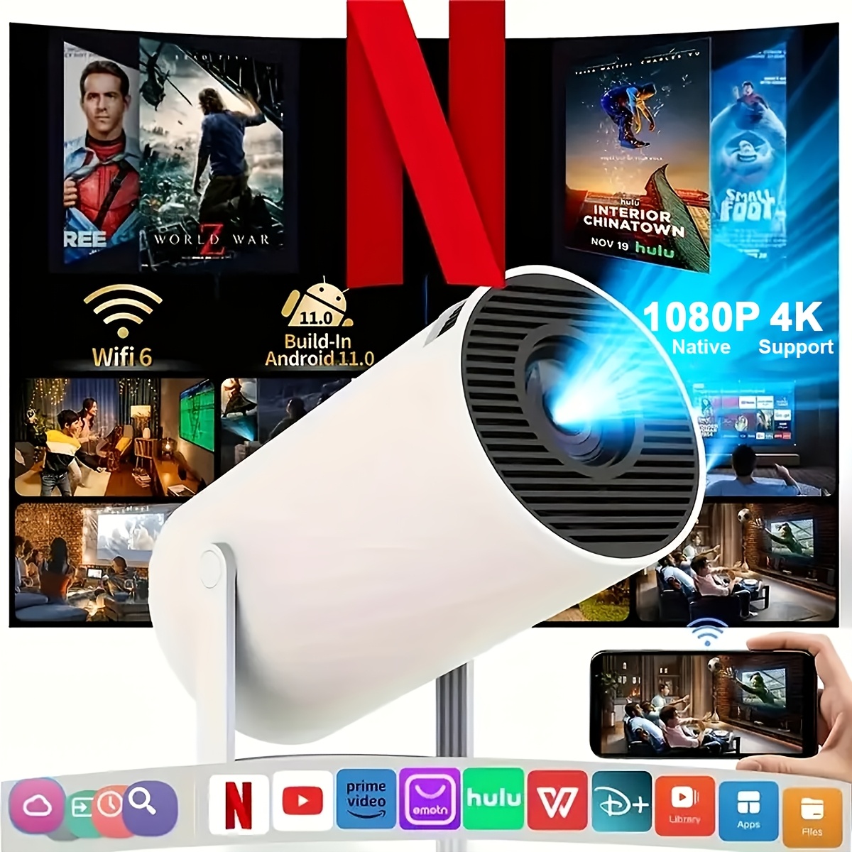 TEMU Mini Projector, Home Theater Smart Projector, Native 1080p Support 4k Projector Wireless, 180° Projection Angle, Projector For Movies On Wall,