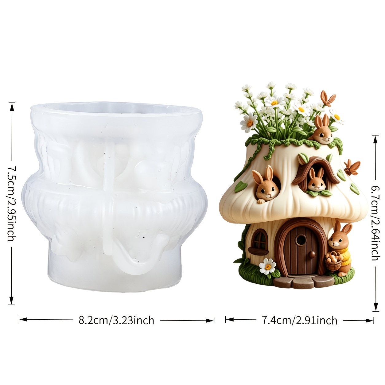 TEMU Resin Silicone Mold Suitable For Diy Cement/resin/cypsum Crafts - Cute Rabbit & Mushroom House 3 Relief Mold With Rabbit Details, Pot For