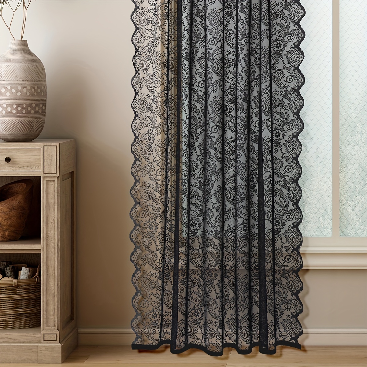 TEMU 2pcs Elegant Black Lace Phoenix Tail Curtains, Semi-transparent Wavy Design With Floral Patterns, Rod Pocket For Easy Hanging, Bedroom, Living