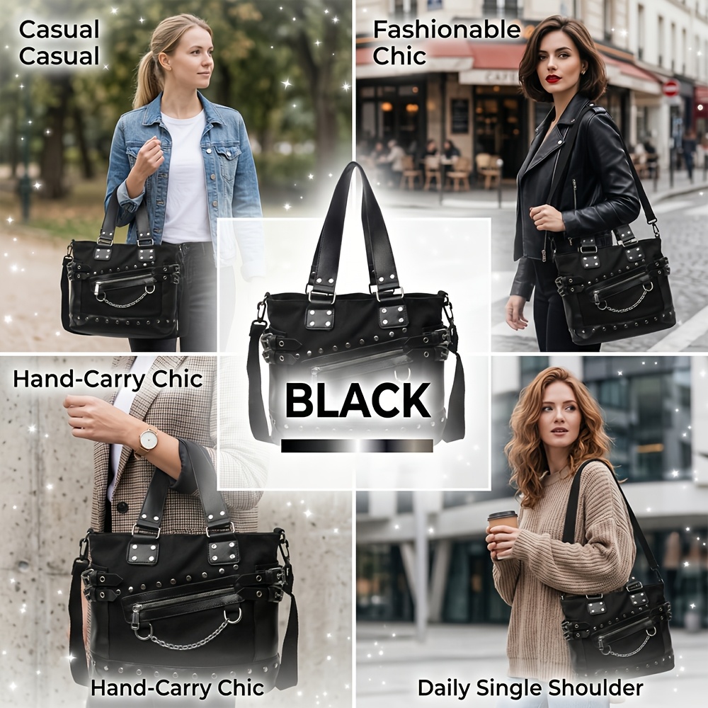 Image of Gothic Studded Tote Bag For Women, Punk Chain Convertible Crossbody Handbag, Edgy Hobo Bag For Daily Use, Perfect Gift(black)