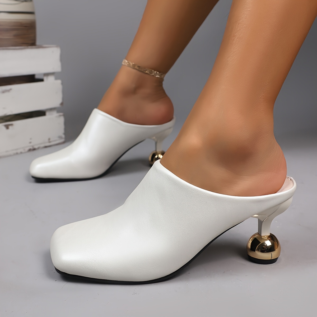 Ladies Fashion High Heel Cap Toe Slip-on Sandals, Summer New Vintage, Synthetic Upper, Rubber Sole, Synthetic Insole, with Strappy Back for Wome