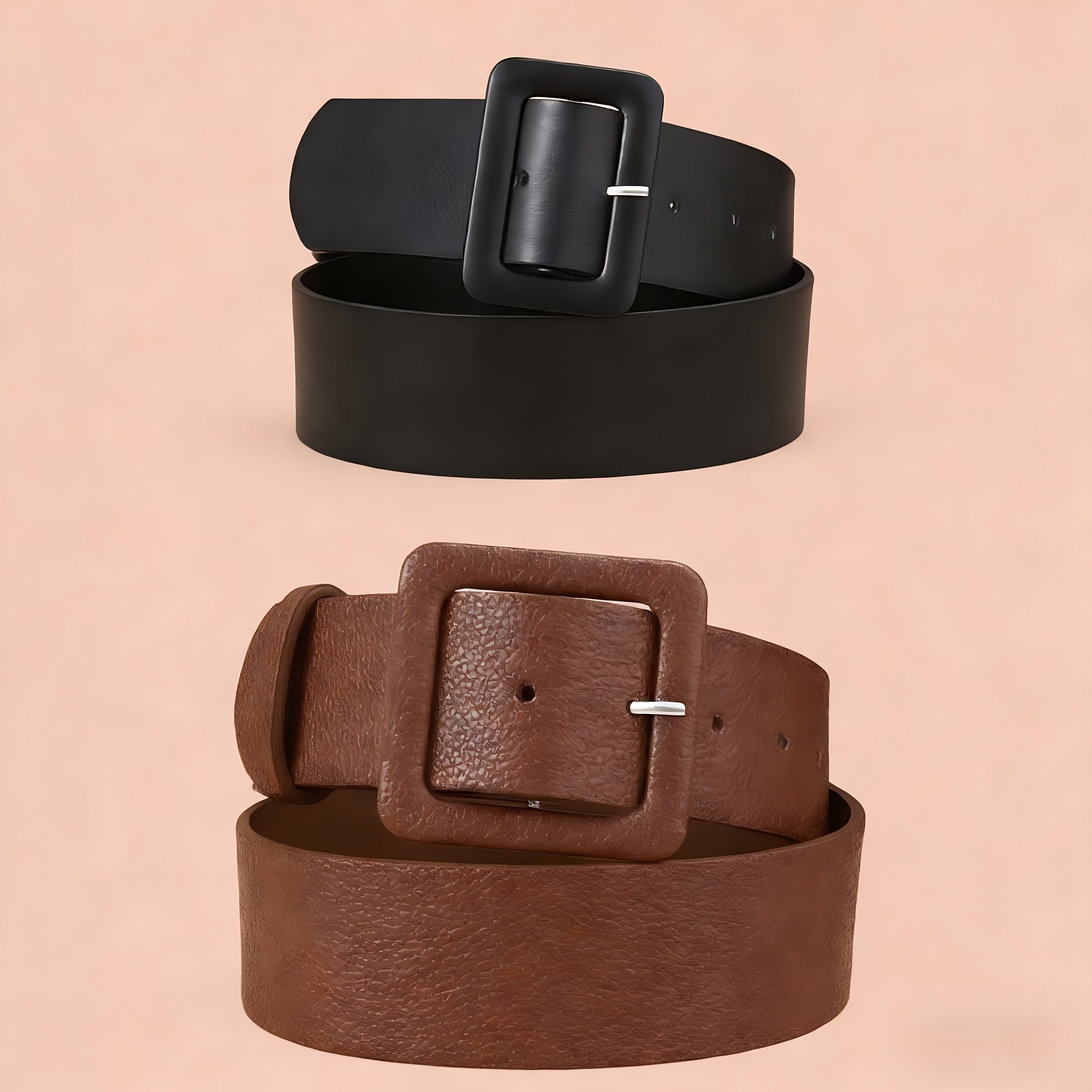 TEMU Set Of 2 Women's Wide Belts, Black/brown Lychee Texture, Plain, Simple And Versatile, Pairs With Coats, Dresses, Jeans, Stylish And Beautiful,