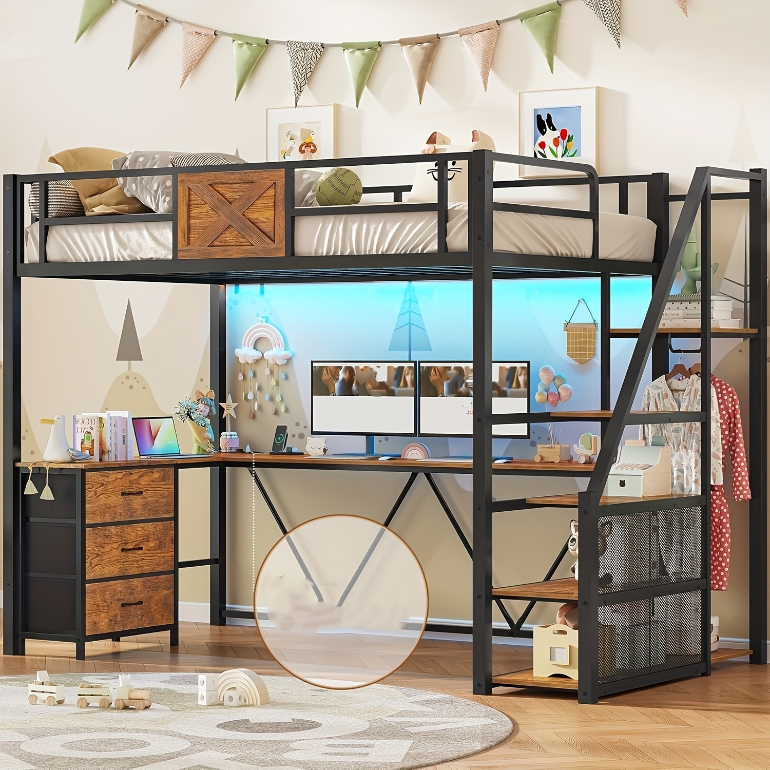 TEMU Twin Size Loft Bed With L Shaped Desk And Wardrobe, Metal Loft Bed Frame With Storage Stairs, 3 Drawers And Led Lights