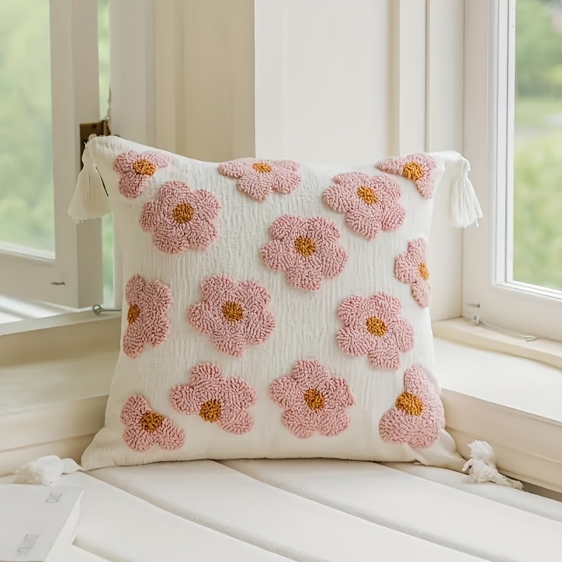 1pc Chenille Loop Flower Embroidered Pillowcase, Bohemian Style Soft And Comfortable Living Room Bedroom Sofa Pillowcase 45*45cm