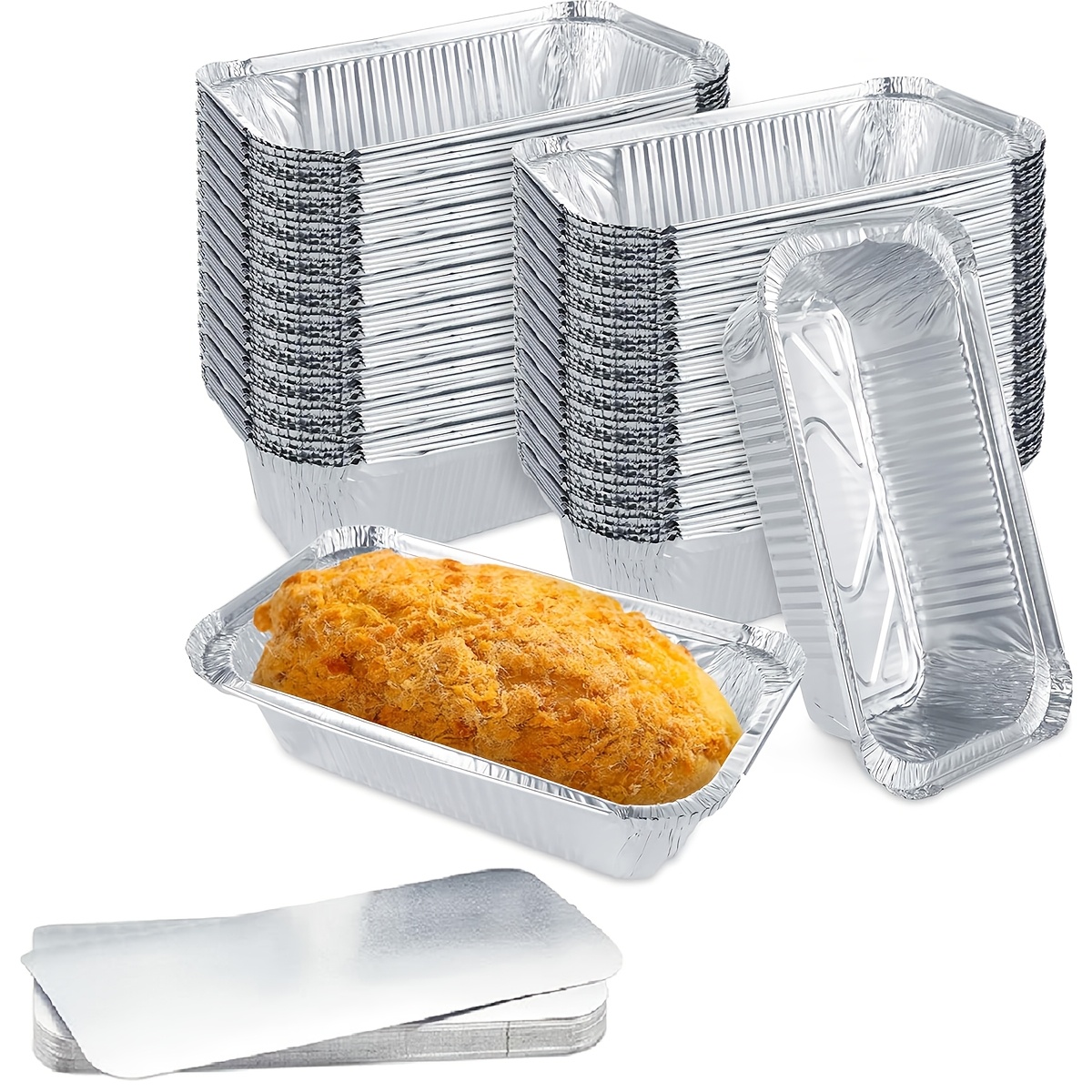 TEMU Of 50 Aluminum Foil Containers (20cm X 11cm) Weighing 2 Lbs, Designed For Baking Bread, Reheating, And Food Storage. Disposable Loaf Pans Come