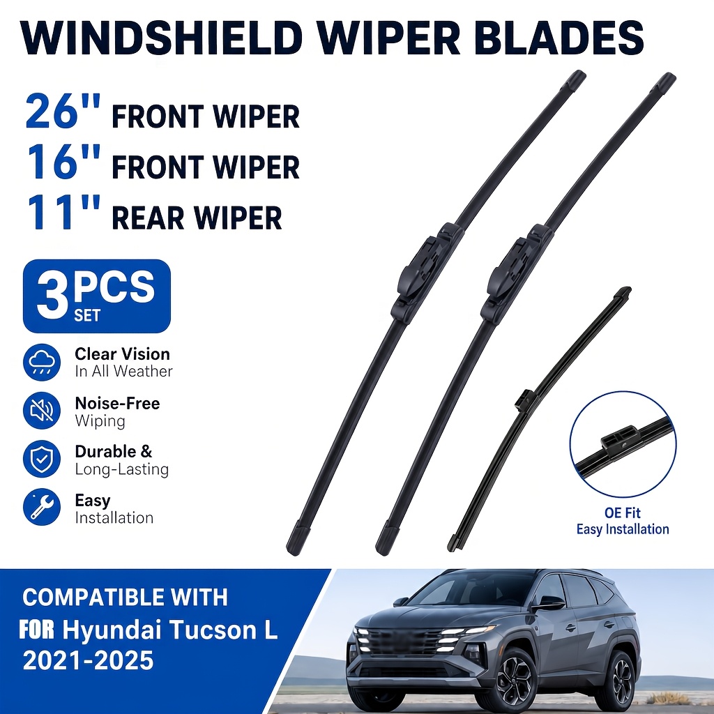 TEMU Wiper Front Wiper Blades Windshield Windscreen Window Brush 26"+16"+11"car Accessories For Tucson 2021-2025 3pcs