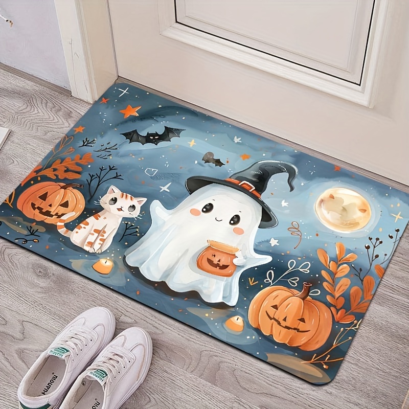 

Halloween Cartoon Style Doormat - Ghost, Pumpkin And Cat Design - Machine Washable, Non-slip Polyester Indoor Mat, 8mm Thick For Bedroom, Kitchen, Living Room - Decorative Entryway Rug