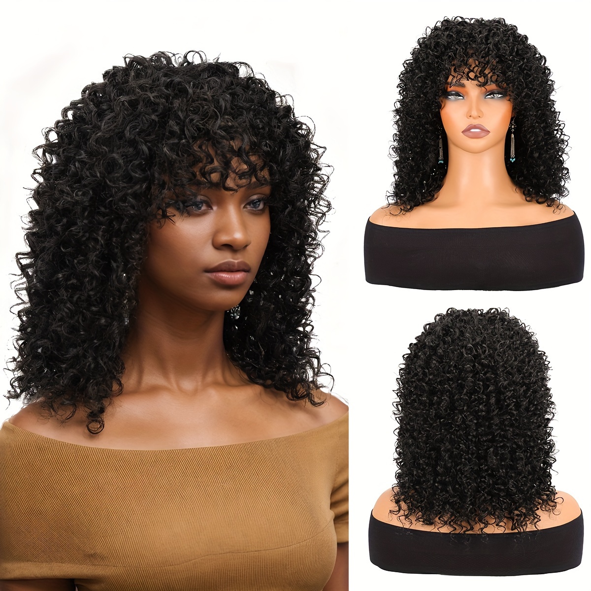 

Elegant 14-inch Curly Wig With Bangs For Women - Heat Resistant Synthetic Hair, & Halloween Parties