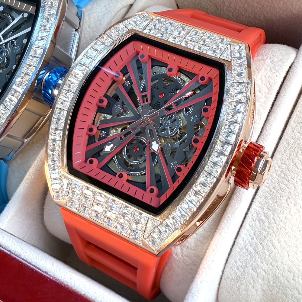 ONOLA Men's Automatic Mechanical Watch - Skeleton Dial with Luminous Hands, Embellishments, Sporty Rubber Case & Blue Silicone Strap, Date Display, No Battery Needed, Luxury Timepiece, Barrel Shaped Dial, Detailed Craftsmanship