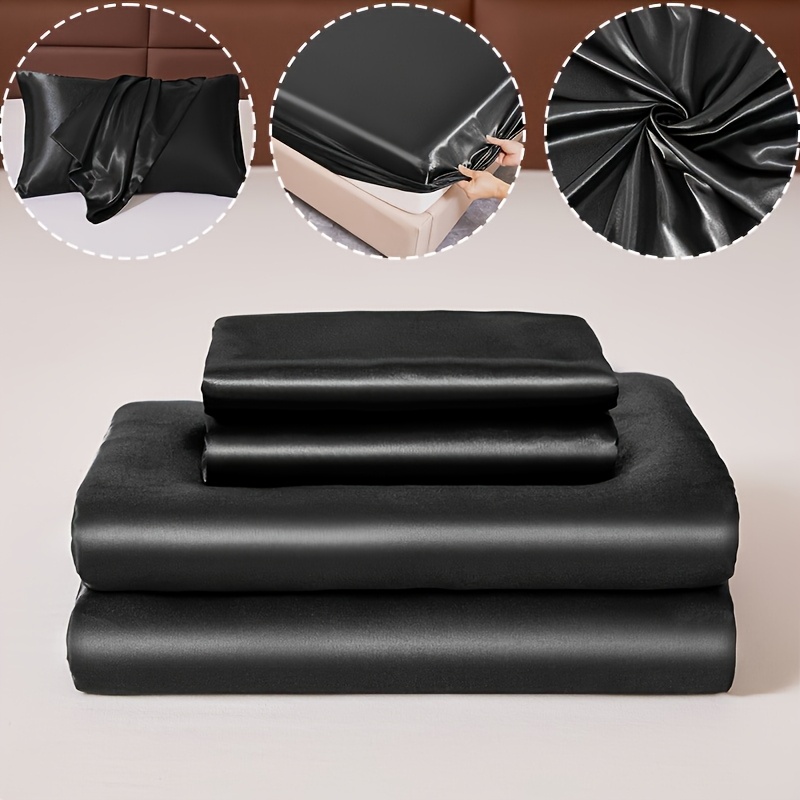 TEMU 3pcs 80g Solid Color Satin Bed Cover And Pillowcase Set For Bedroom Home Bedding (1 Flat Sheet, 2 Pillowcases, Excluding Pillow Inserts)