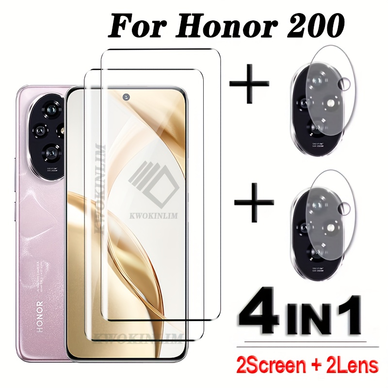 E-shop (4in1) Für Honor 200 Glas 3D gebogenes Vollschutz-Display für Honor 200 gehärtetes Glas mit Linsenschutzfolie
