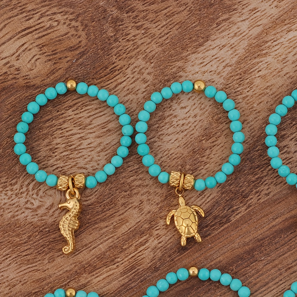 Ocean Style Beaded Ring - Adjustable Turquoise Stone Ring with Charms