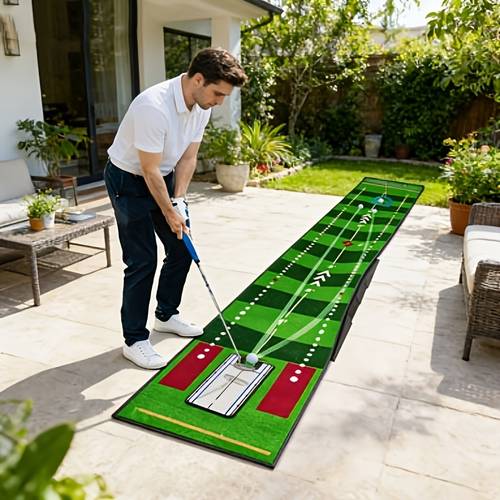 a single piece golf putting practice mat featuring a two speed design with surface and a non slip base ideal for indoor and outdoor use its portable design for allows for easy rolling making it home office