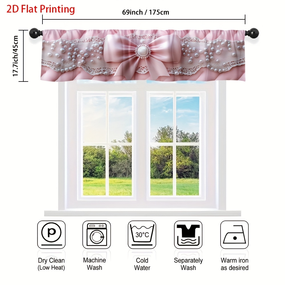 TEMU 2d Flat, 1pc Pink Lace Pearl Bow Valance Curtain With Pearl- Trim - Semi-sheer Window Valance Panel, Rod , Machine Washable Fabric For Bedroom,